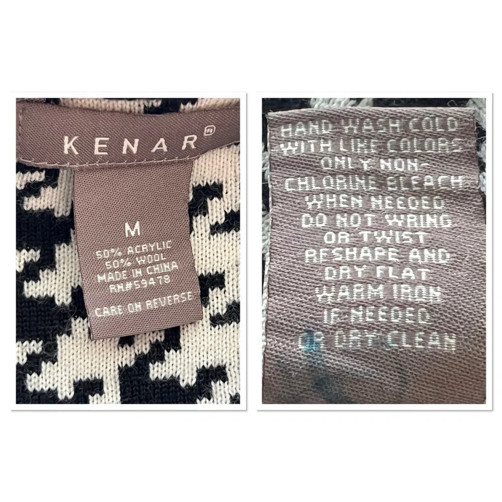 Kenar Black & White Houndstooth Women’s Cardigan Sweater w/ Belt Wool Blend Sz M - Picture 7 of 7